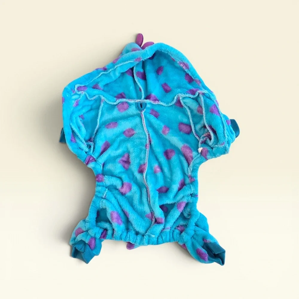 Blue Purple Spotted Dinosaur Pet Pajamas Fleece Dog Jumpsuit Costume Hoodie